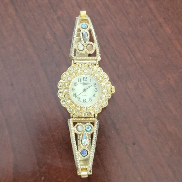 Exquisite Express LA Quartz Womens Watch With Rhinestone Pearl Accents Gold Tone - Picture 1 of 6